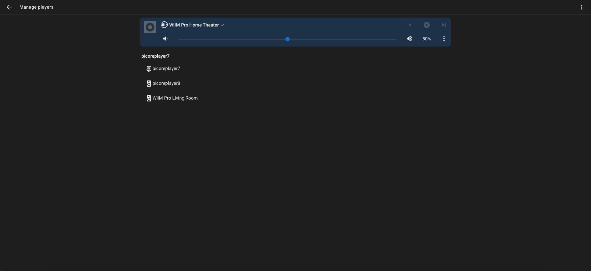 Lyrion Music Server dashboard showing connected players and now playing